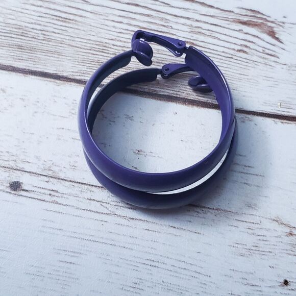 Vintage Clip On Earrings - Retro Purple Hoops 1 & 3/8" - Picture 7 of 8
